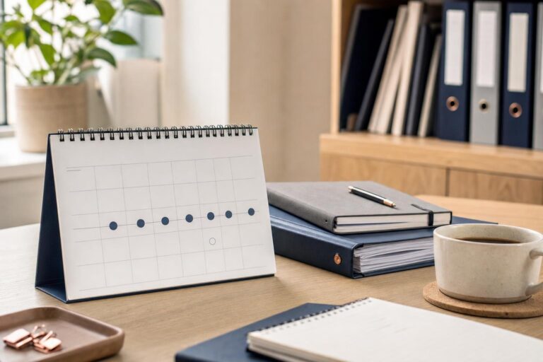 Payroll system configuration: Desk calendar with a row of marked dots beside notebooks, a pen and a cup of coffee