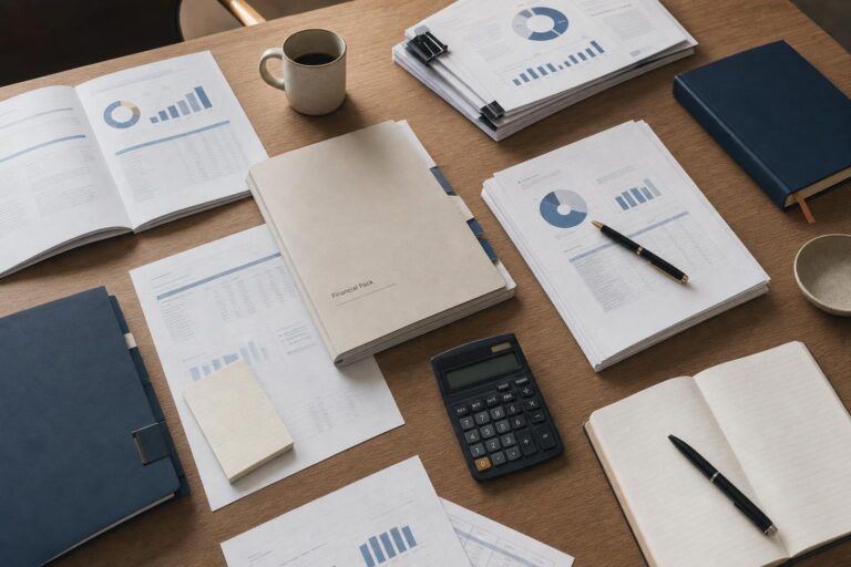 AI in accounting: Wooden desk laid out with financial reports, a calculator, pens, notebooks and a coffee cup