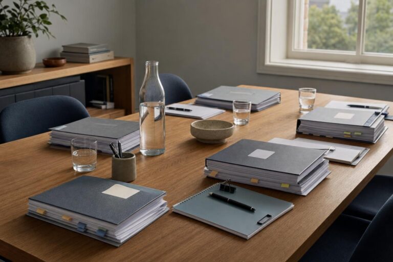 Month end spreadsheets: Timber meeting table set with stacks of grey bound documents, water glasses, a glass bottle and pens