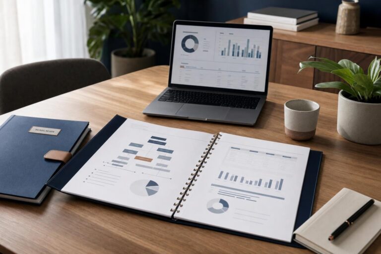 Payroll oversight: Open ring binder with charts and a laptop showing a data dashboard on a wooden desk