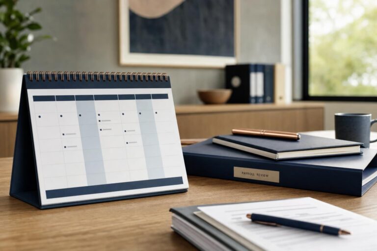 Spiral desk calendar on a timber desk beside notebooks, pens and a folder labelled Payroll Review