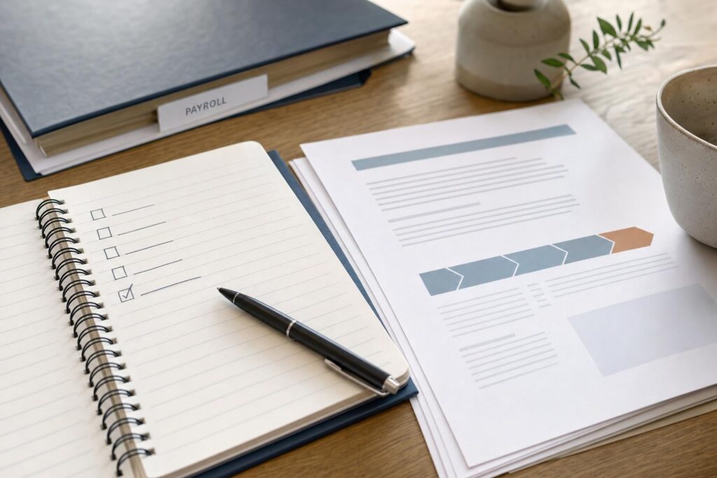 Taking over payroll: Open spiral notebook with a tick-box checklist and pen beside printed documents and a folder labelled